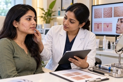 Dermatologist examining acne scars on a woman's face during a skin consultation at a clinic in Calicut.